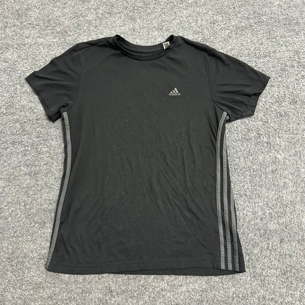 Adidas T-Shirt Womens Size S Black Grey Stripe Short Sleeve Athletic Activewear